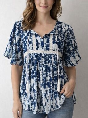 BLL New York Blue White Blouse S Crochet Tassel Boho Batwing Top NWT